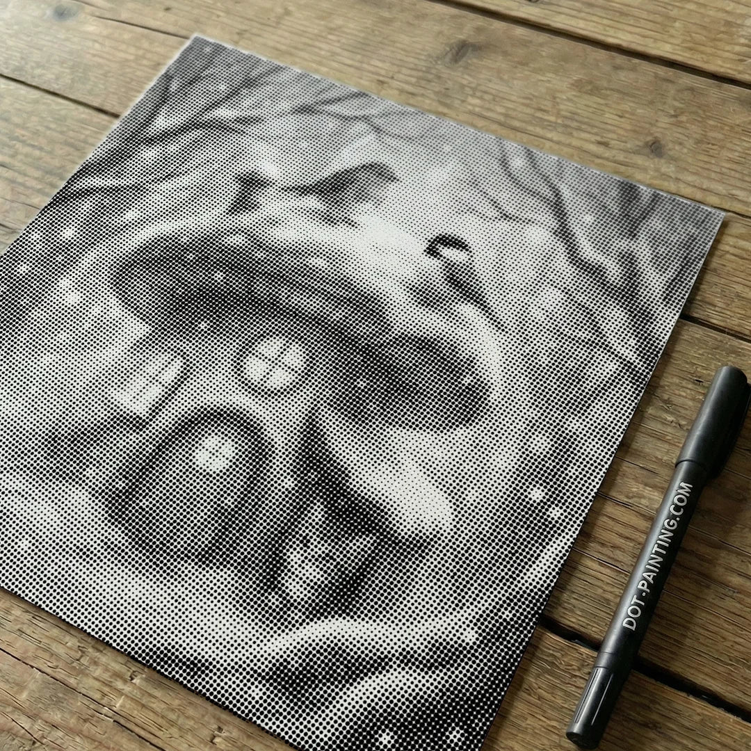 Malowanie kropek z kotkiem i ptakami na śniegu